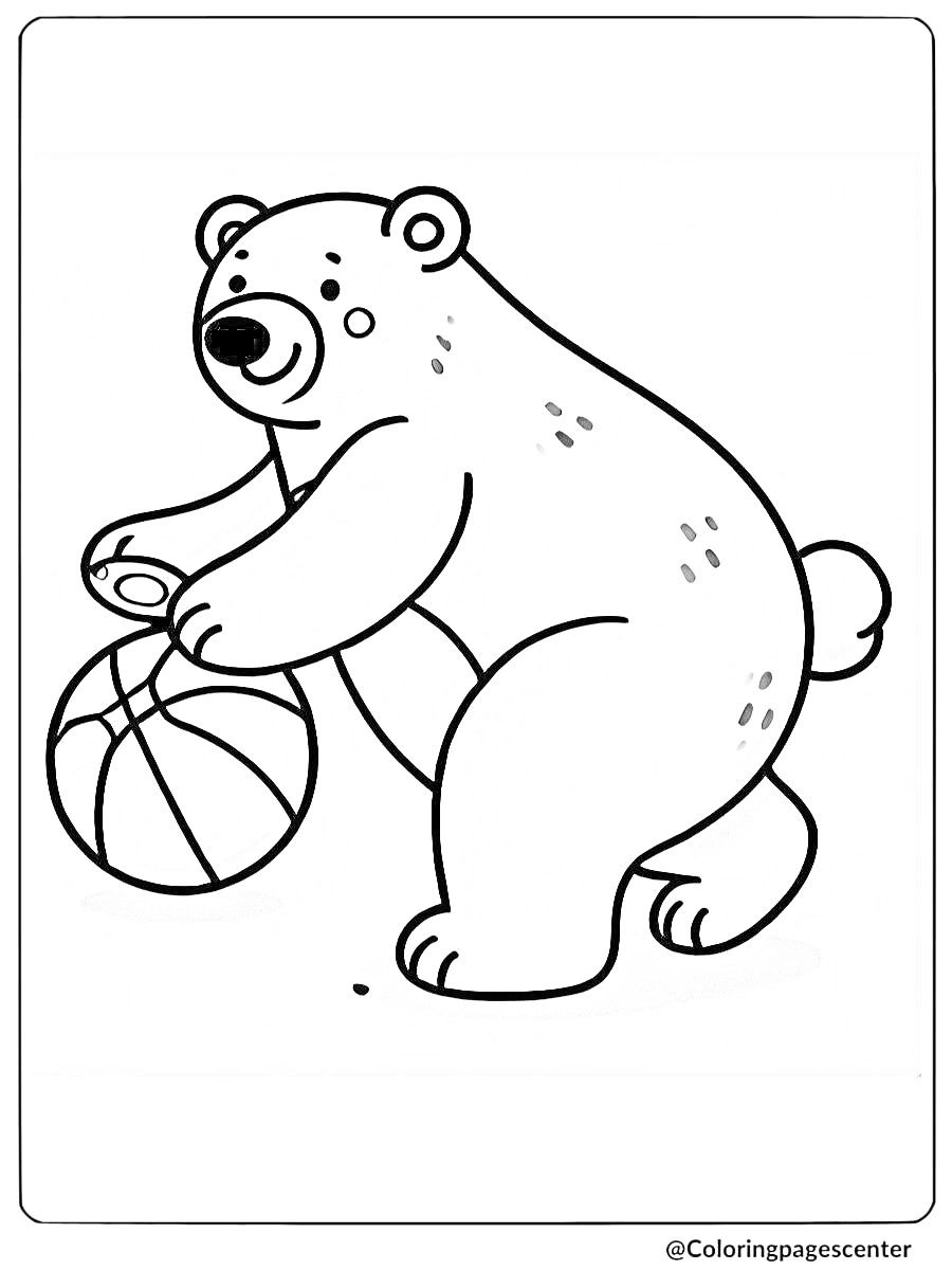 Coloring page of an easy polar bear playing basketball