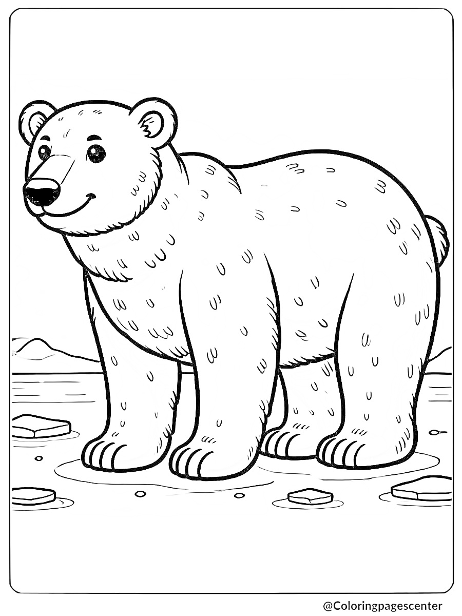 Coloring page of an easy polar bear standing on ice