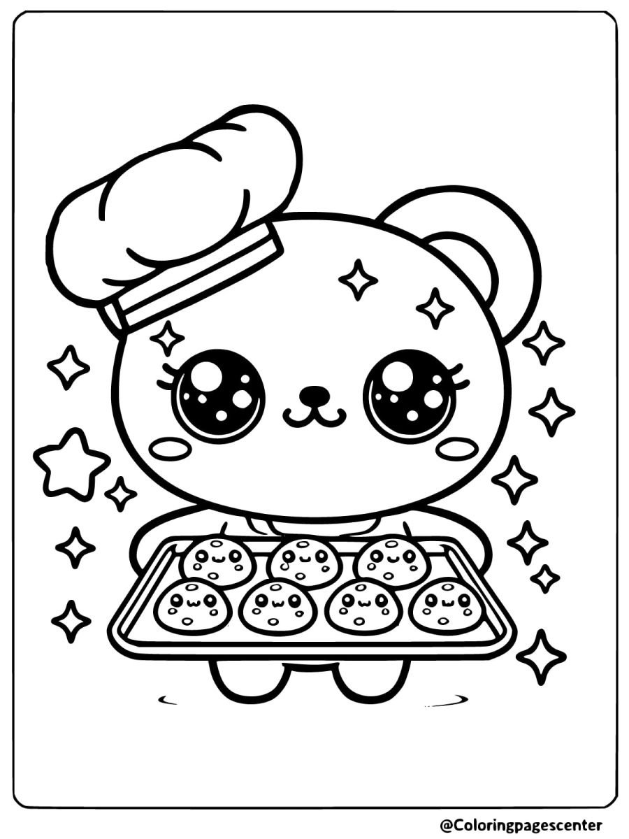 Coloring page of kawaii bear chef with cookies