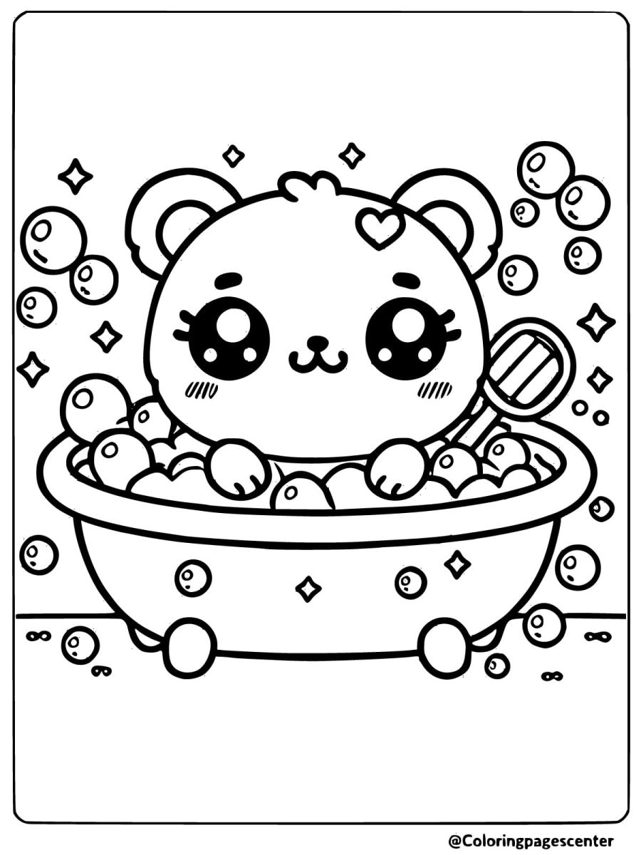 Coloring page of kawaii bear enjoying a bubble bath