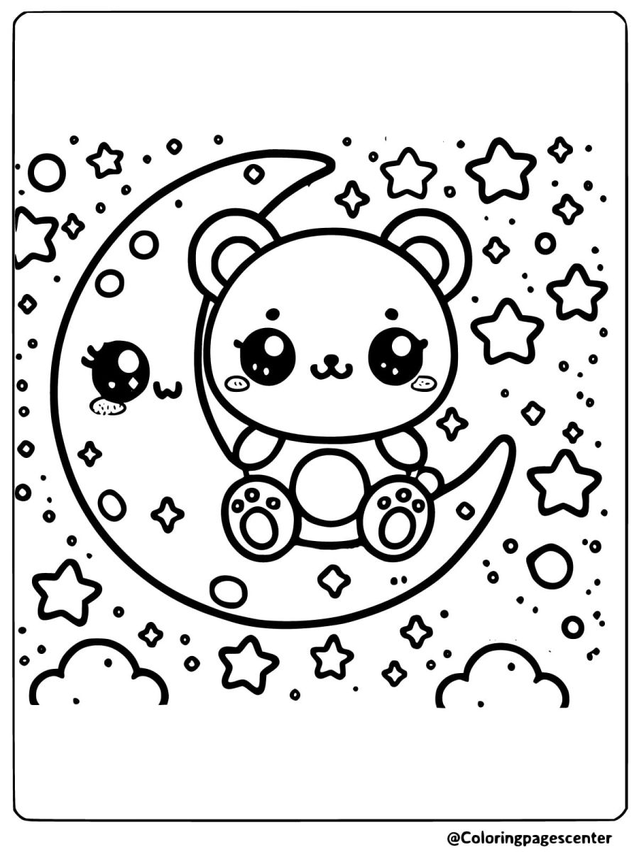 Coloring page of kawaii bear sitting on a moon