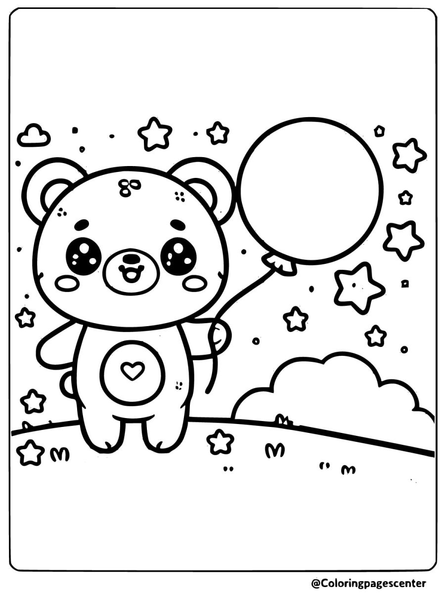 Coloring page of kawaii bear holding a balloon