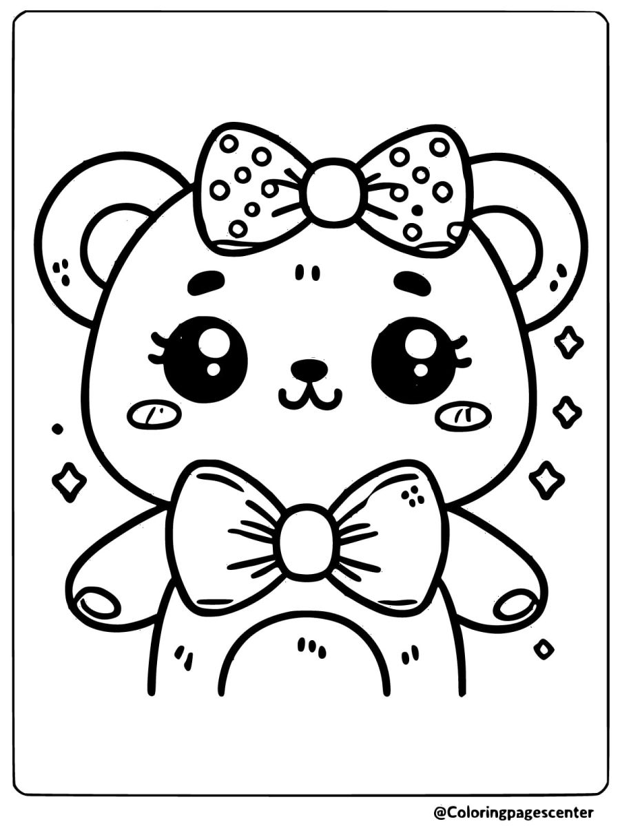 Coloring page of kawaii bear with a large bow