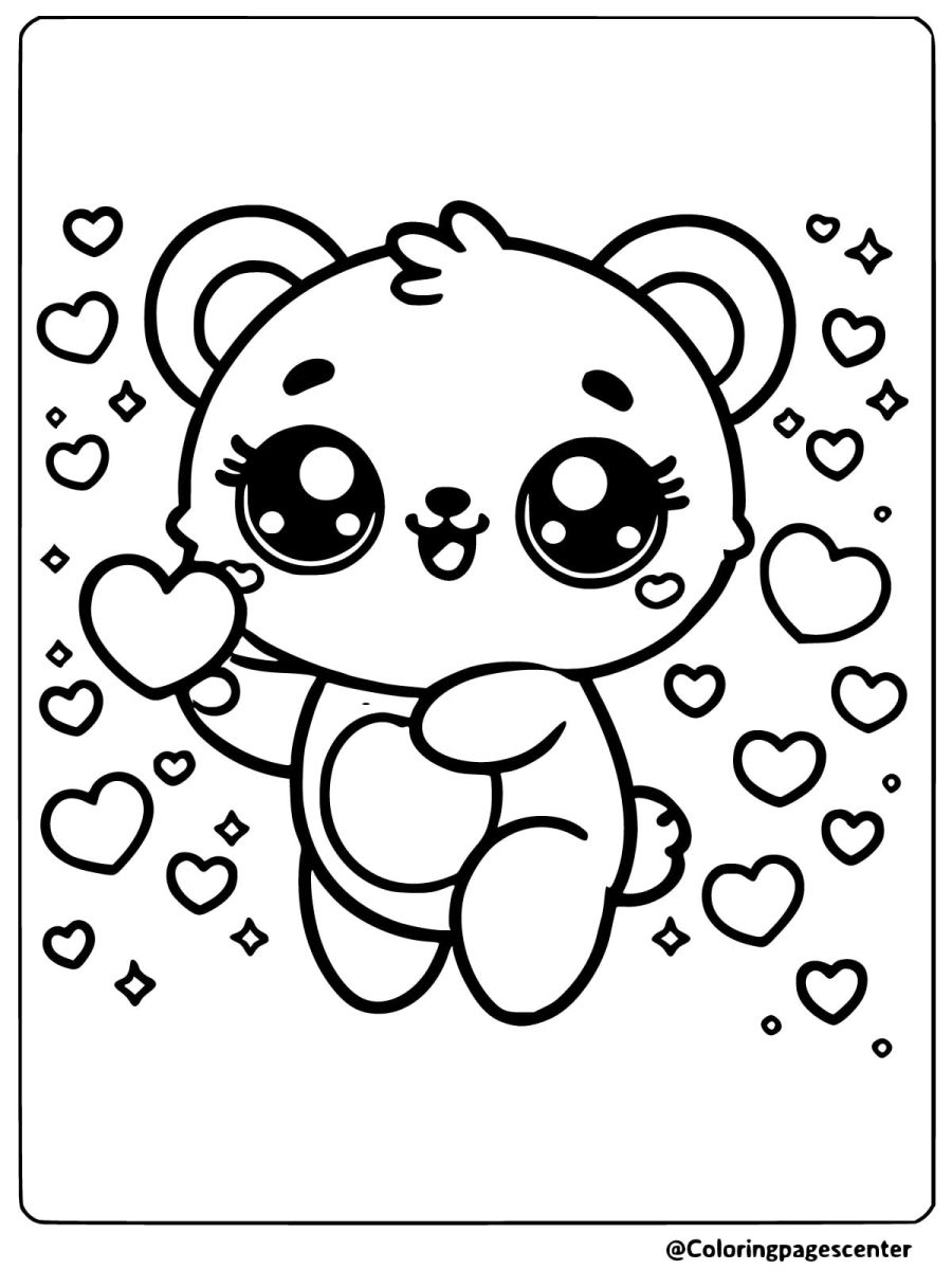 Coloring page of kawaii bear surrounded by hearts