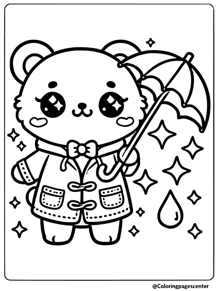 Coloring page of kawaii bear holding an umbrella