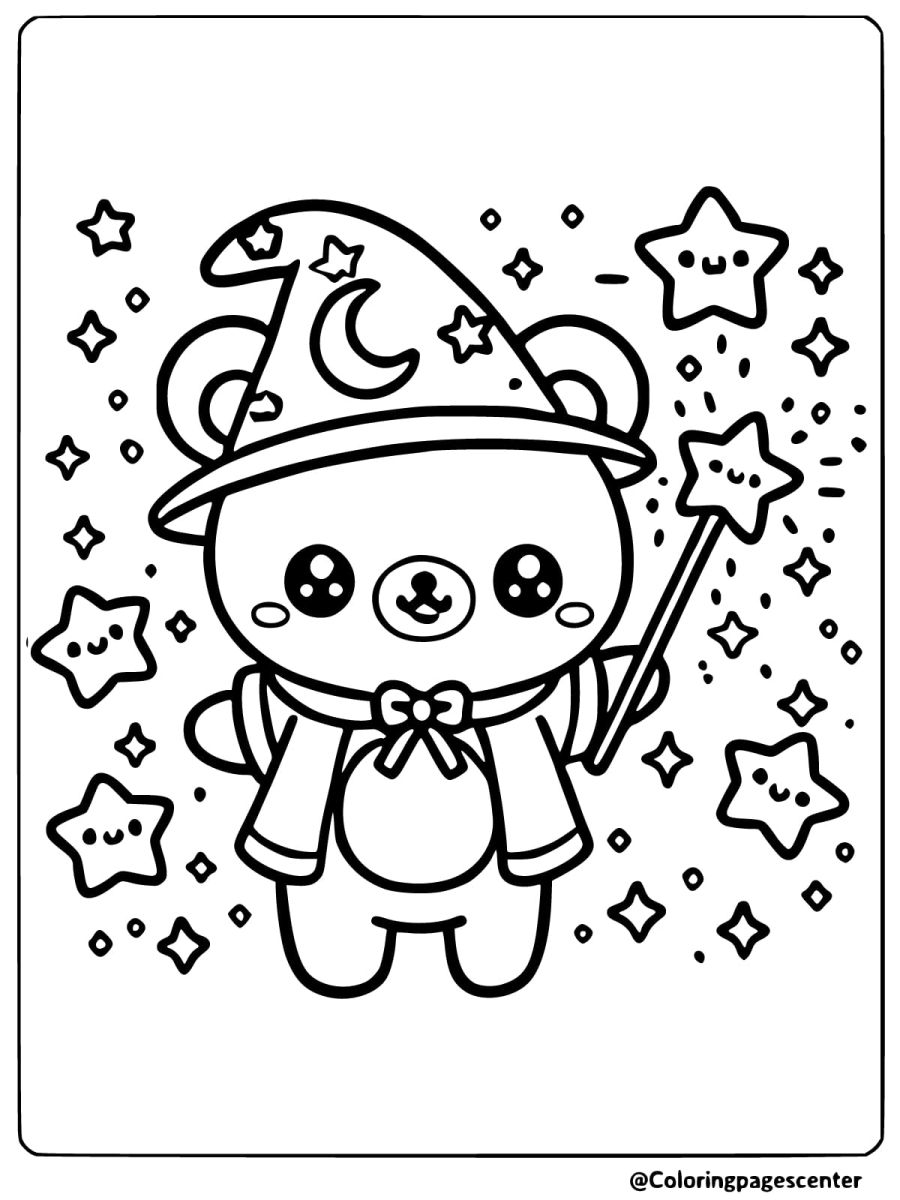 Coloring page of kawaii bear in wizard costume