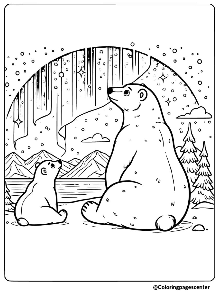 Polar bear and cub watching aurora in Arctic coloring page