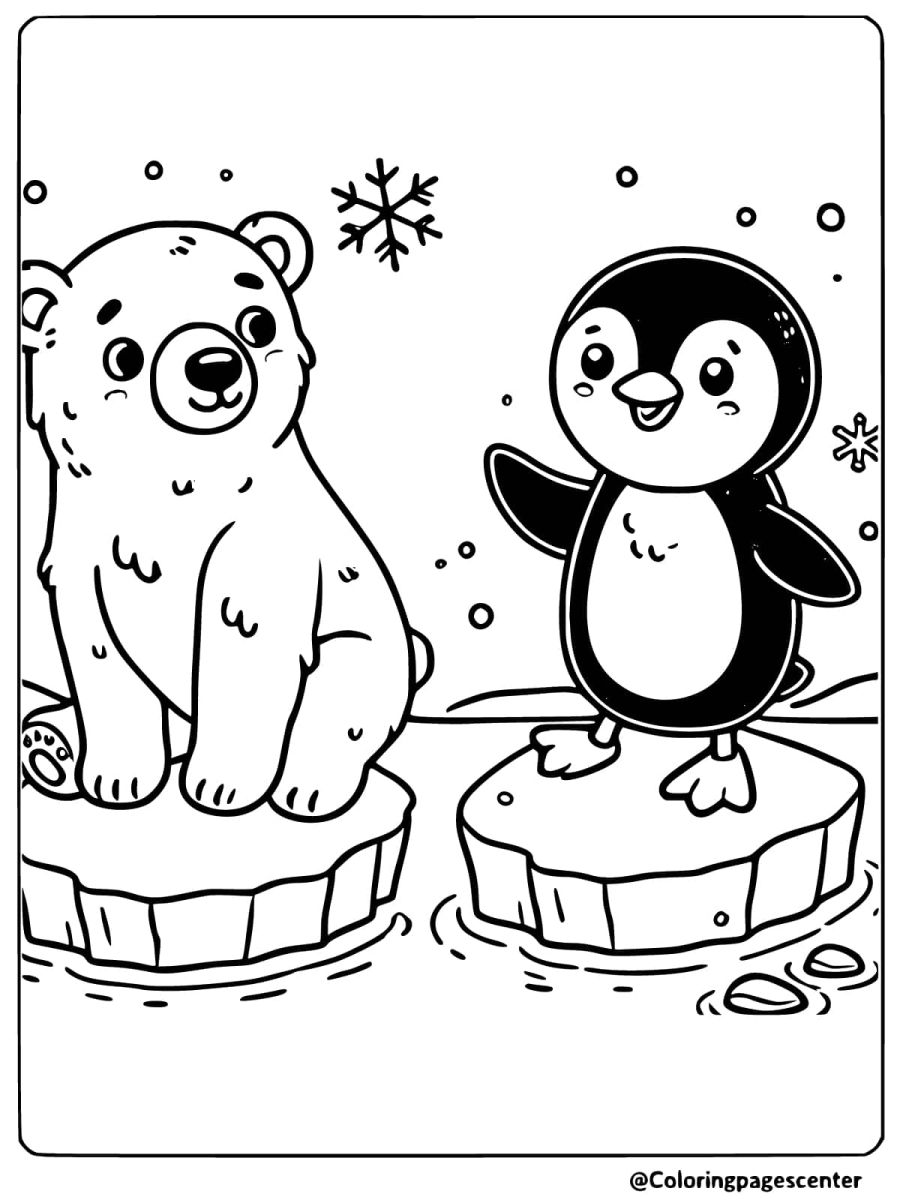 Polar bear and penguin on separate ice floes coloring page