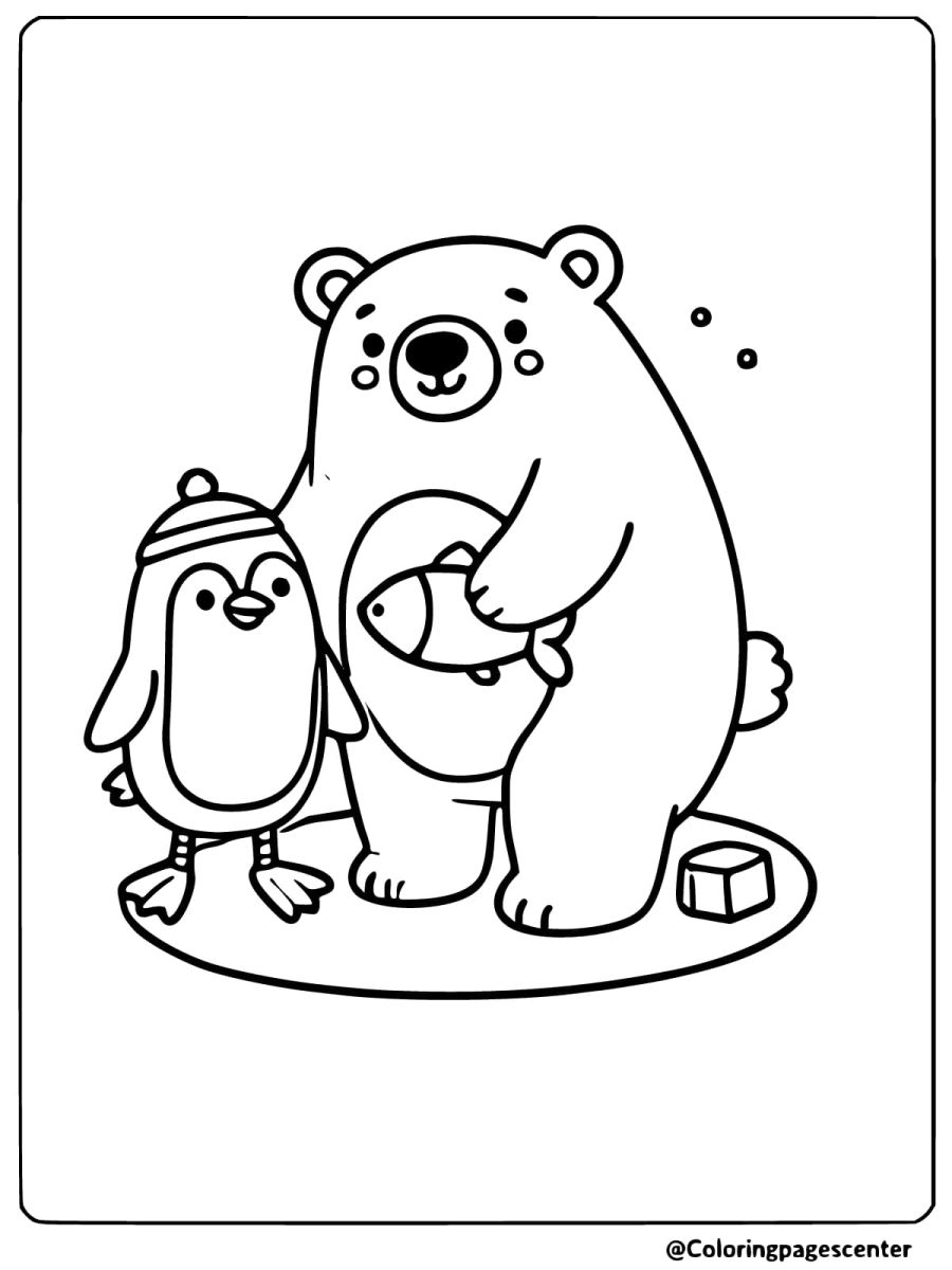 Polar bear with penguin and fish on ice coloring page