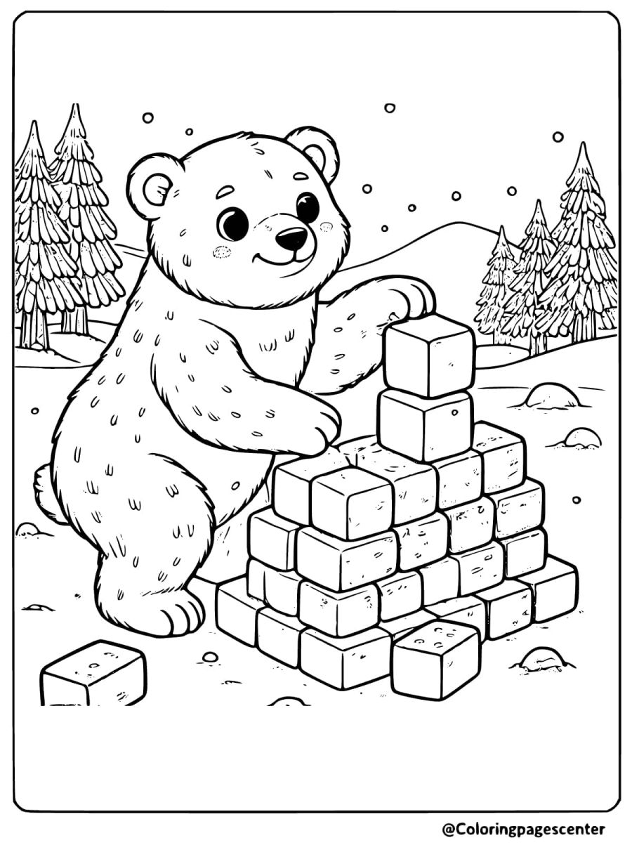 Polar bear stacking ice blocks to make a pyramid coloring page