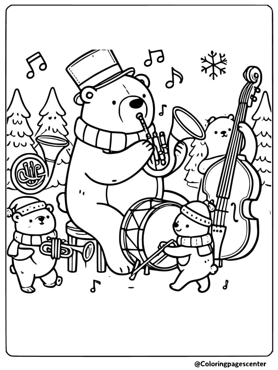 Polar bear family playing musical instruments in forest coloring page