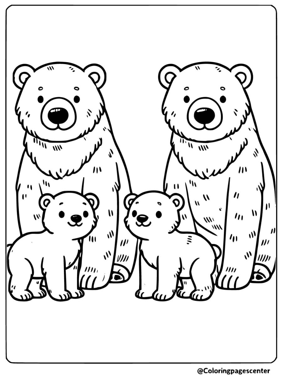 Polar bear family with two cubs coloring page