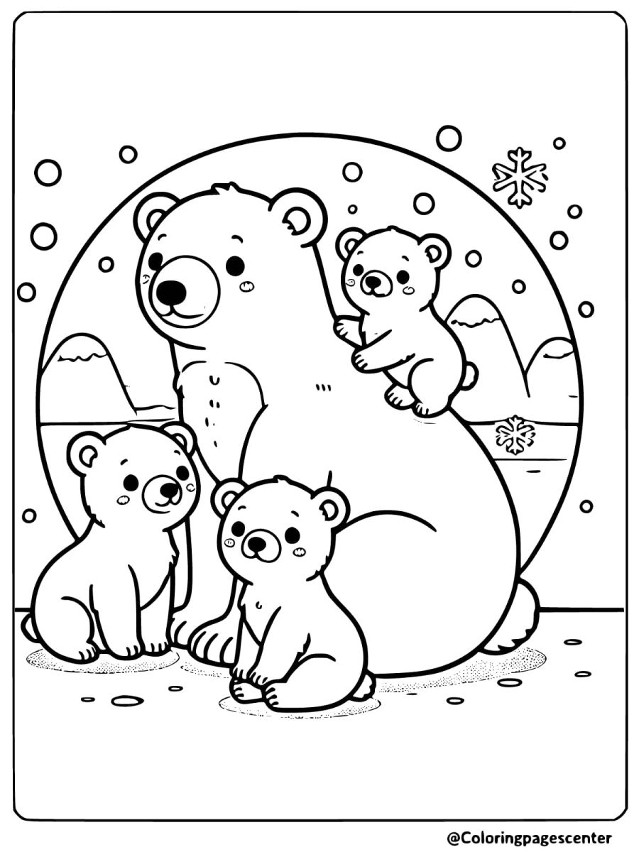 Polar bear family sitting together in snow coloring page