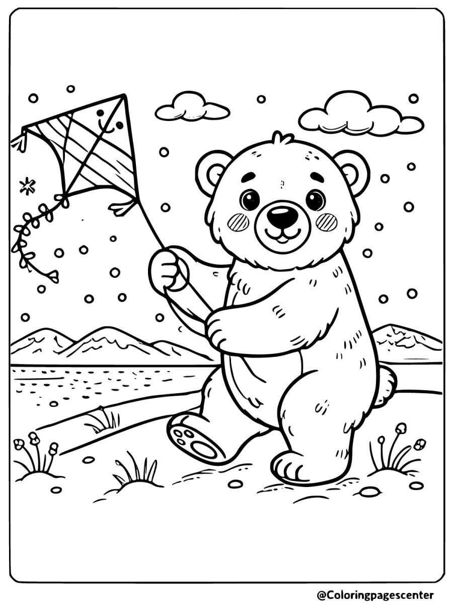 Polar bear holding a kite with mountains in background coloring page