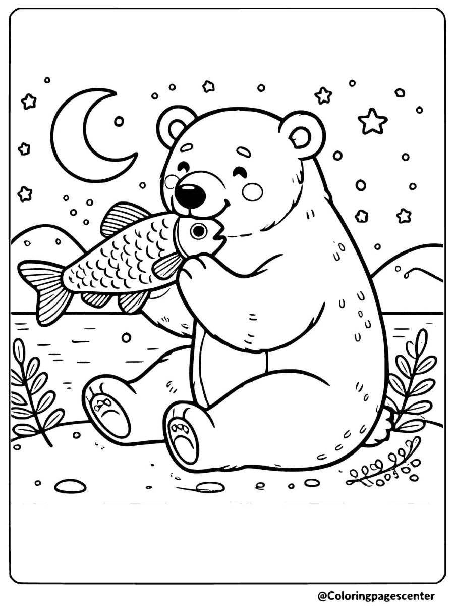 Happy polar bear with fish by moonlit river coloring page