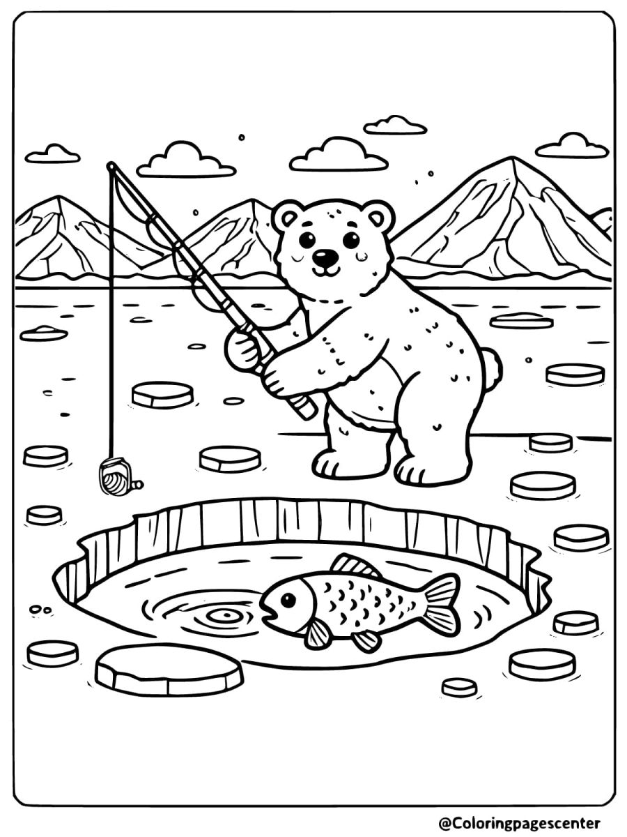 Polar bear fishing through ice hole in lake coloring page