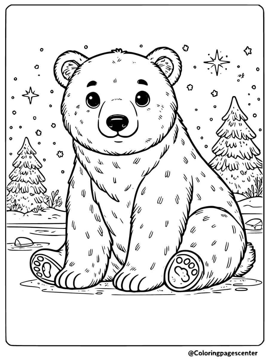 Polar bear in a forest with snowflakes coloring page