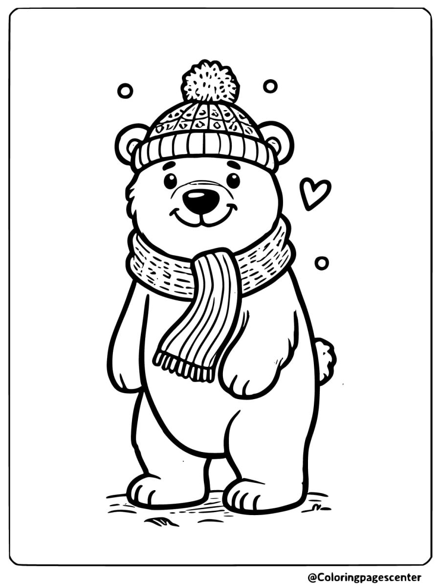 Polar bear in hat and scarf standing in snow coloring page