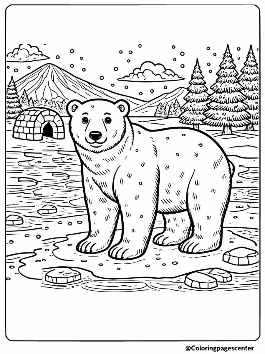 Polar bear standing near igloo and trees coloring page