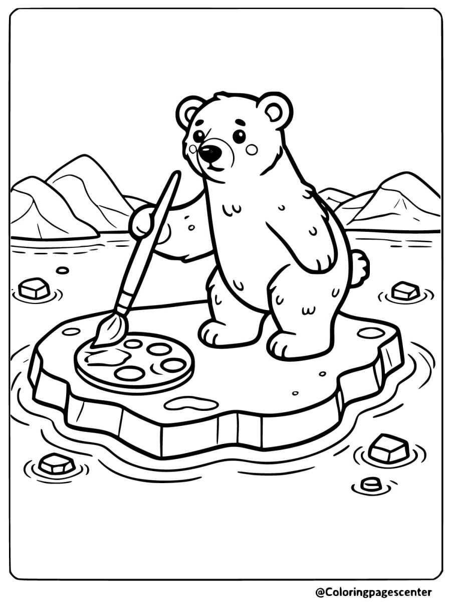 Polar bear using paintbrush on ice in Arctic scene coloring page