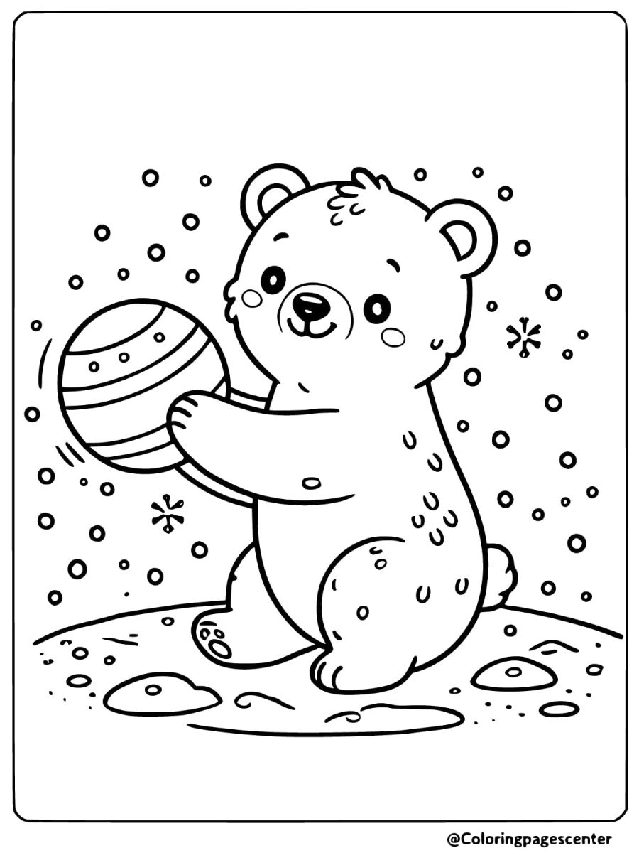 Cute polar bear with a ball on snow coloring page