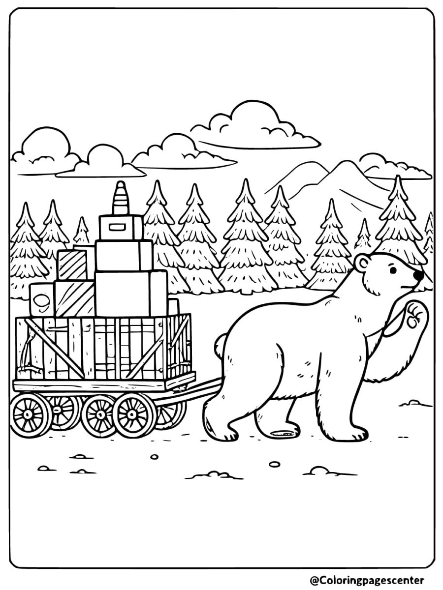 Polar bear pulling a wagon filled with presents coloring page