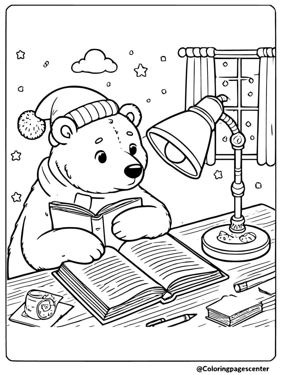 Polar bear reading a book at night under a lamp coloring page