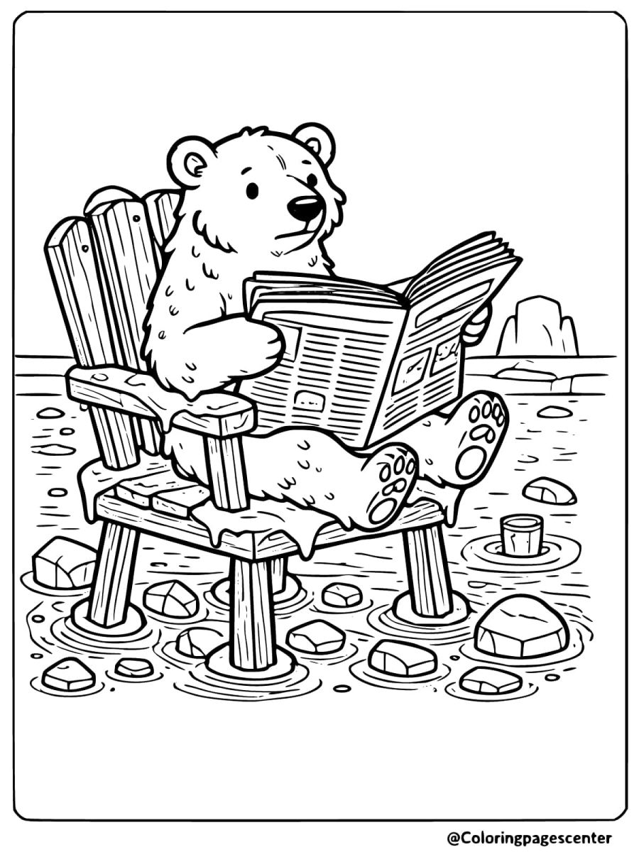 Polar bear sitting on chair reading newspaper coloring page