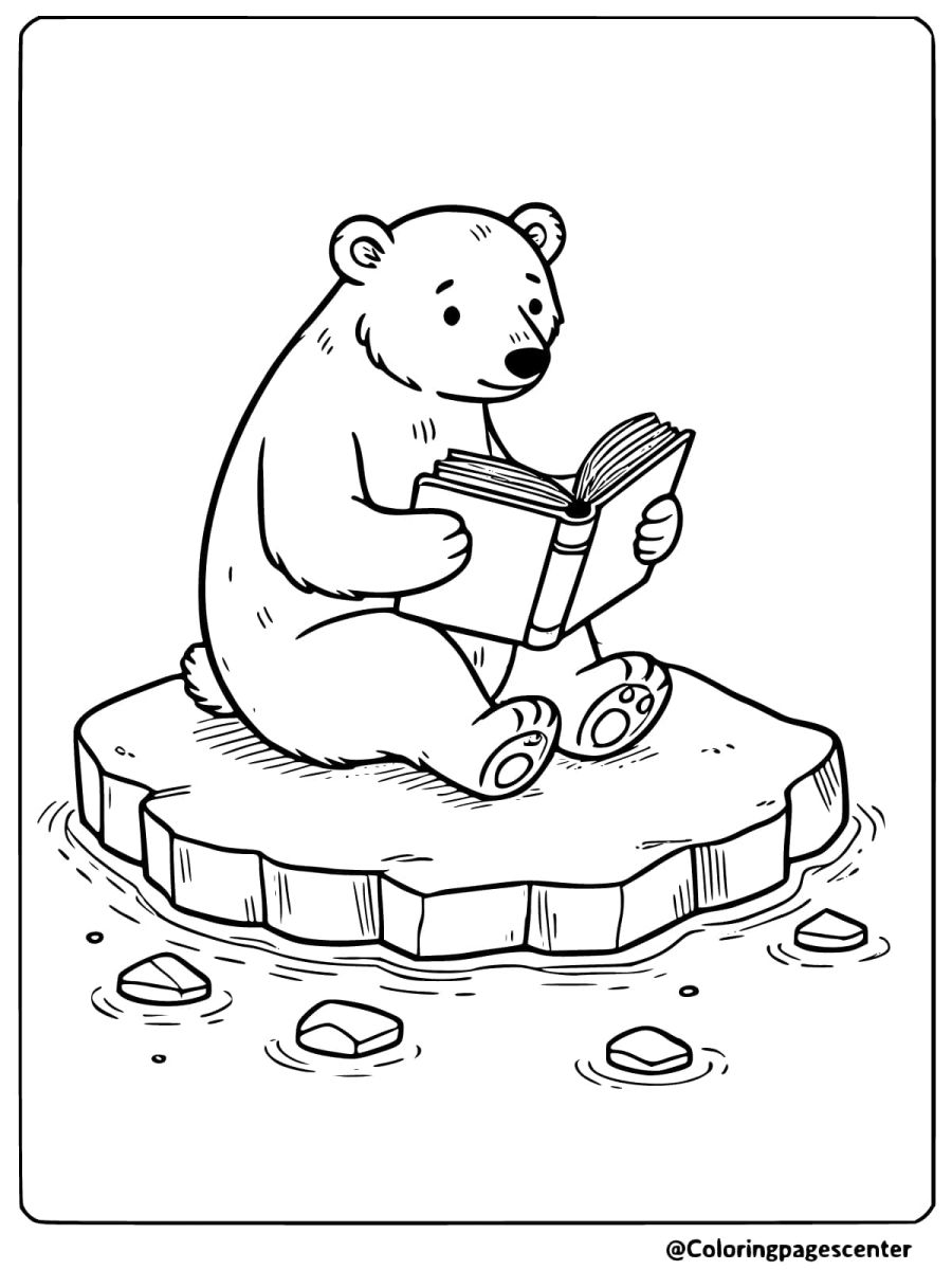 Polar bear sitting on ice reading a book coloring page