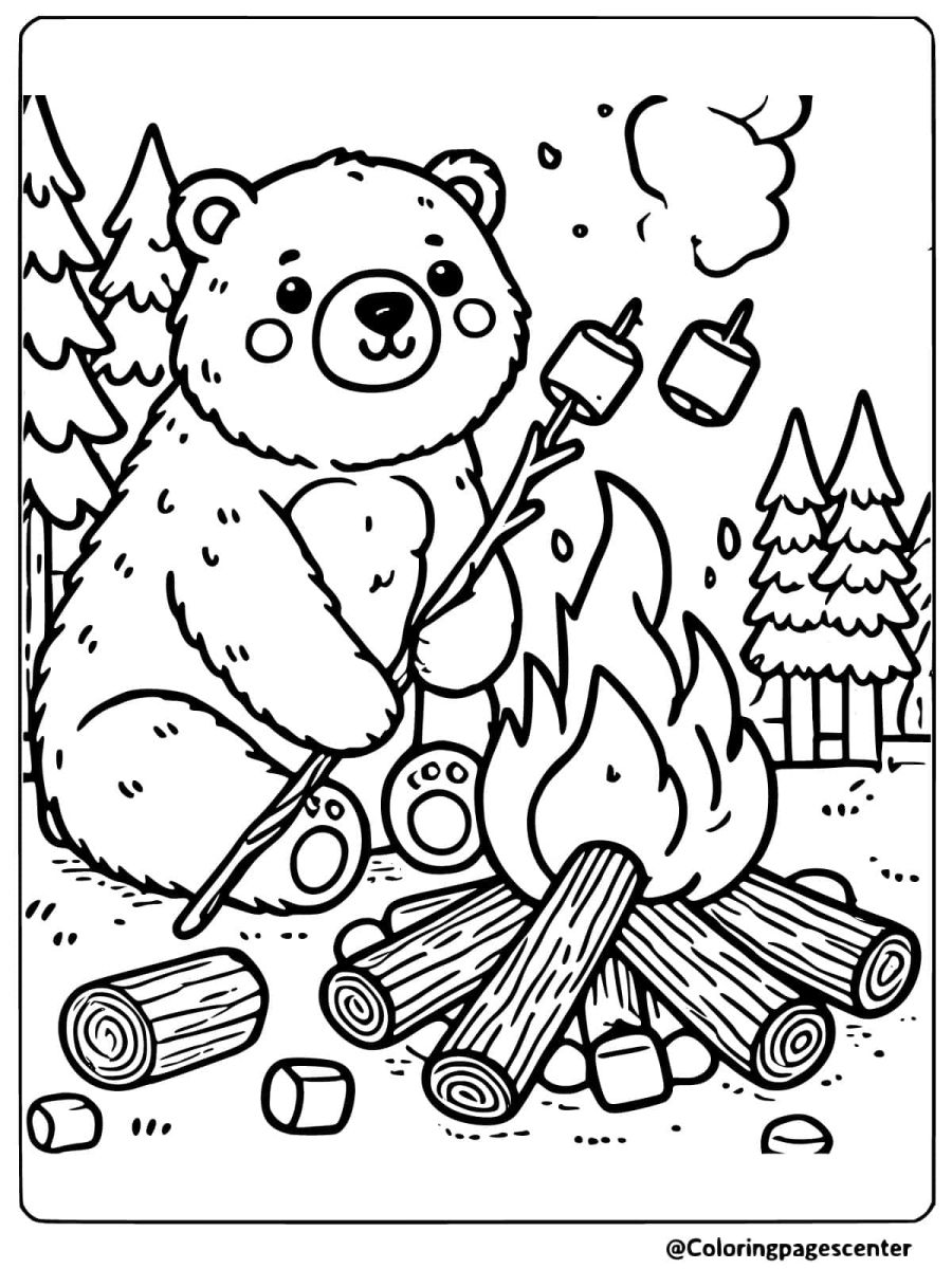 Polar bear roasting marshmallows on campfire in woods coloring page