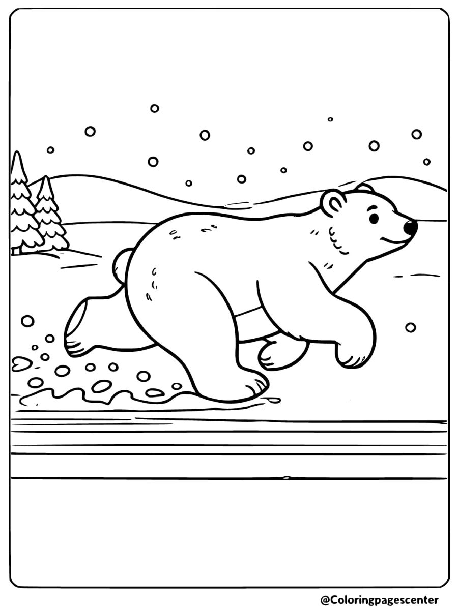 Polar bear running quickly across snowy ground coloring page