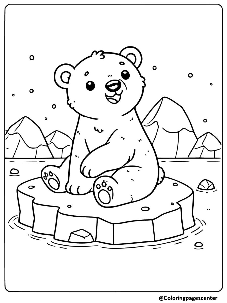 Polar bear sitting on ice in Arctic scene coloring page