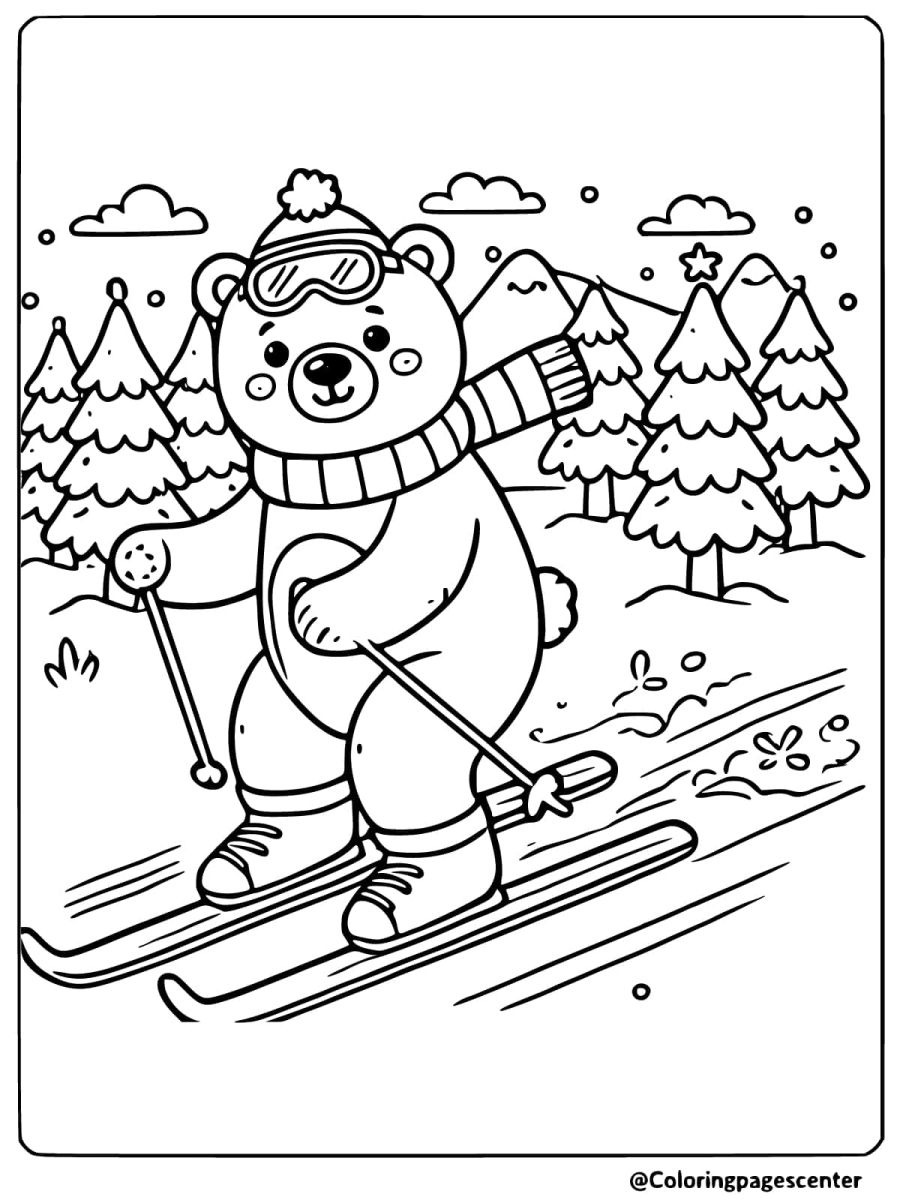 Polar bear skiing through snowy forest coloring page