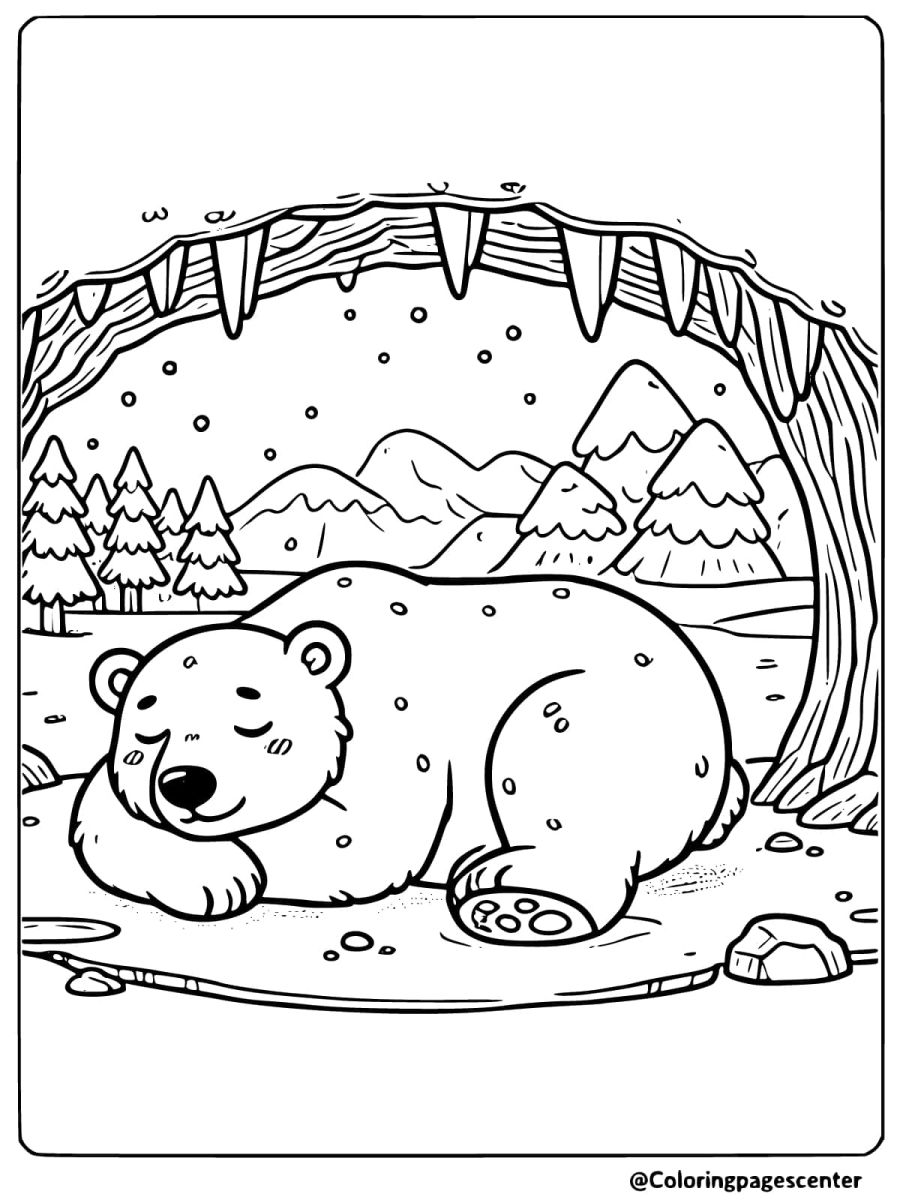 Polar bear napping inside a cozy ice cave coloring page