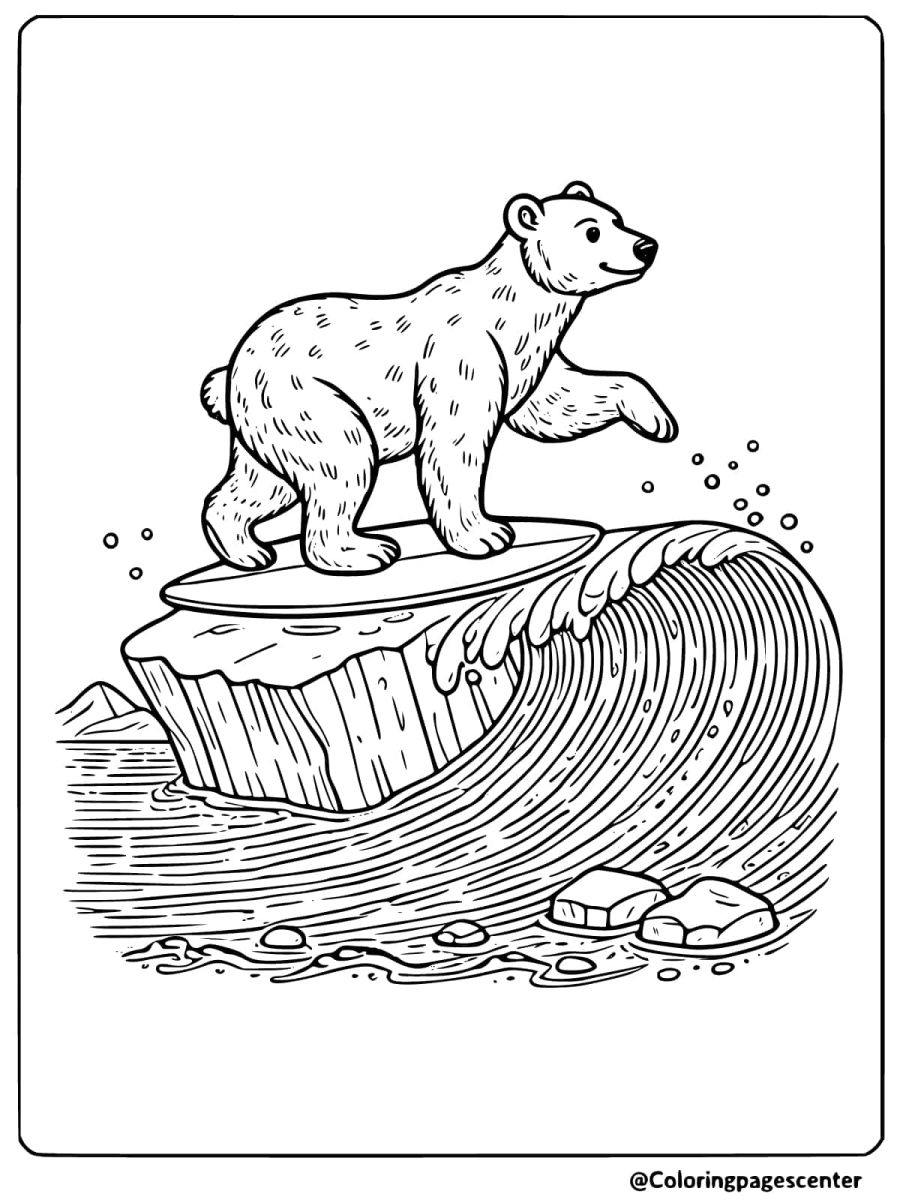 Polar bear riding an ice wave like a surfboard coloring page