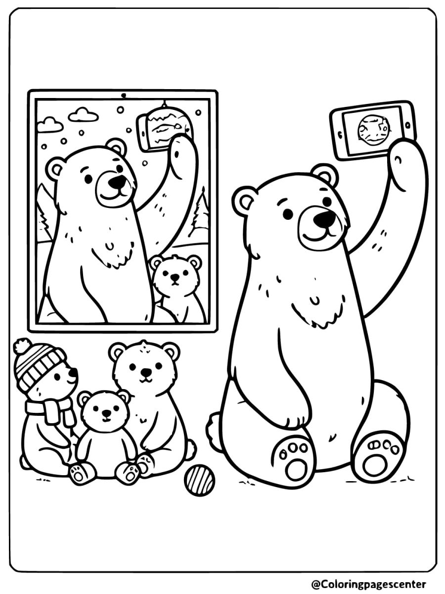 Polar bear taking a selfie with cubs and snow background coloring page