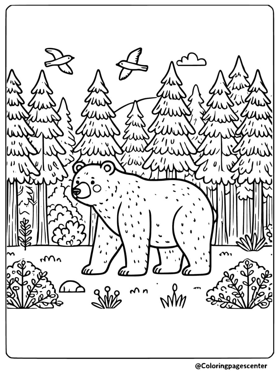 Polar bear walking among trees in a forest coloring page