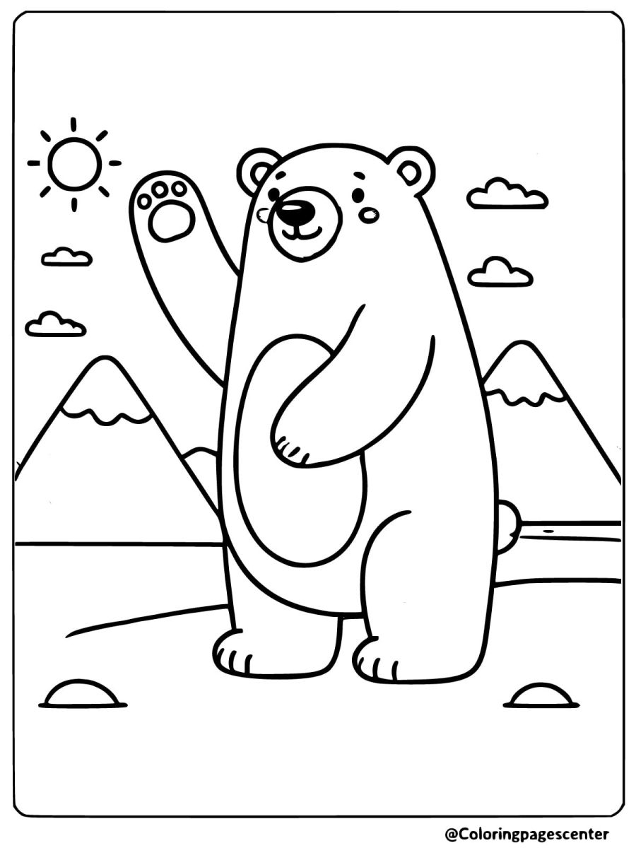 Polar bear waving with mountains in background coloring page