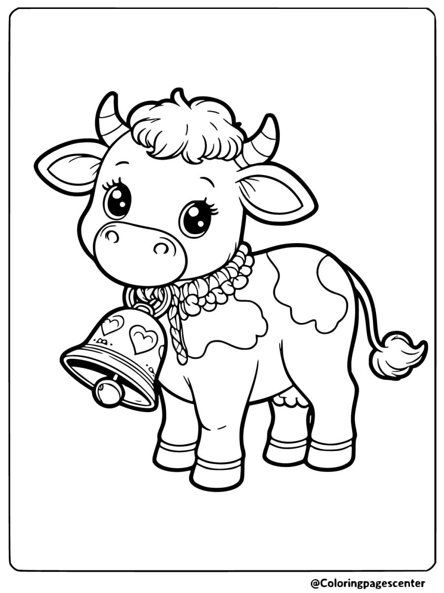 Coloring page featuring an adorable cow with a bell