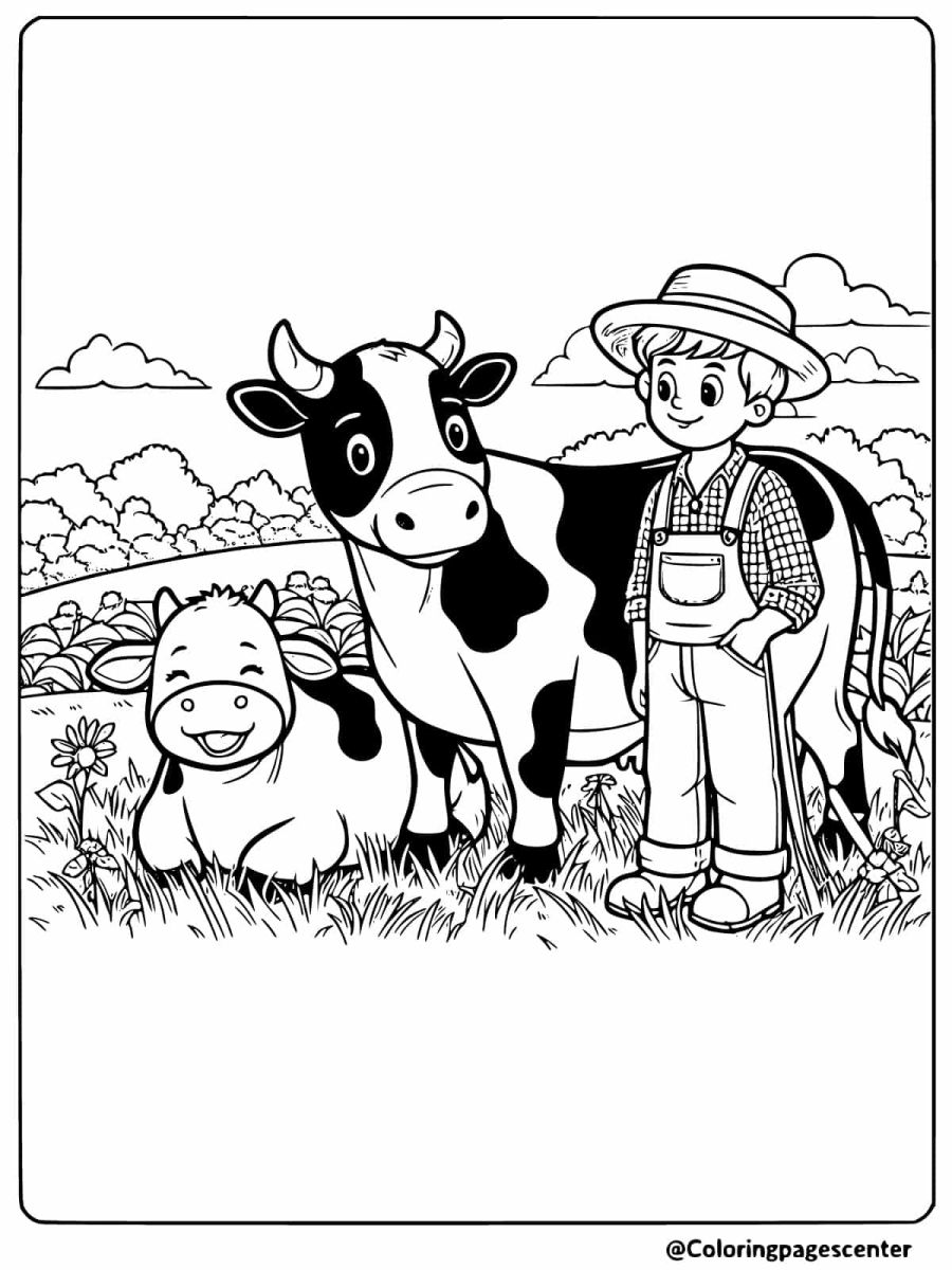 Coloring page of a boy standing with cows in a field