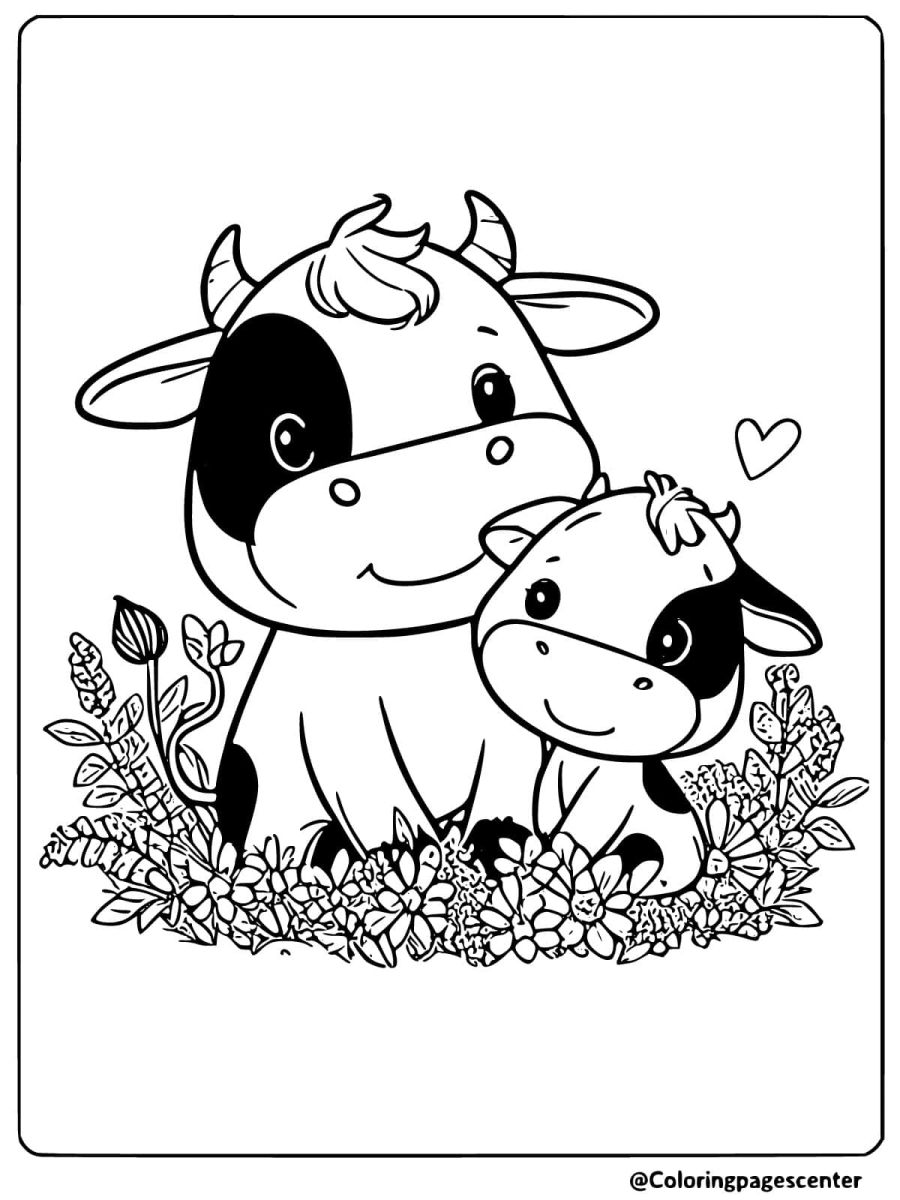 Coloring page of a cow and calf surrounded by flowers