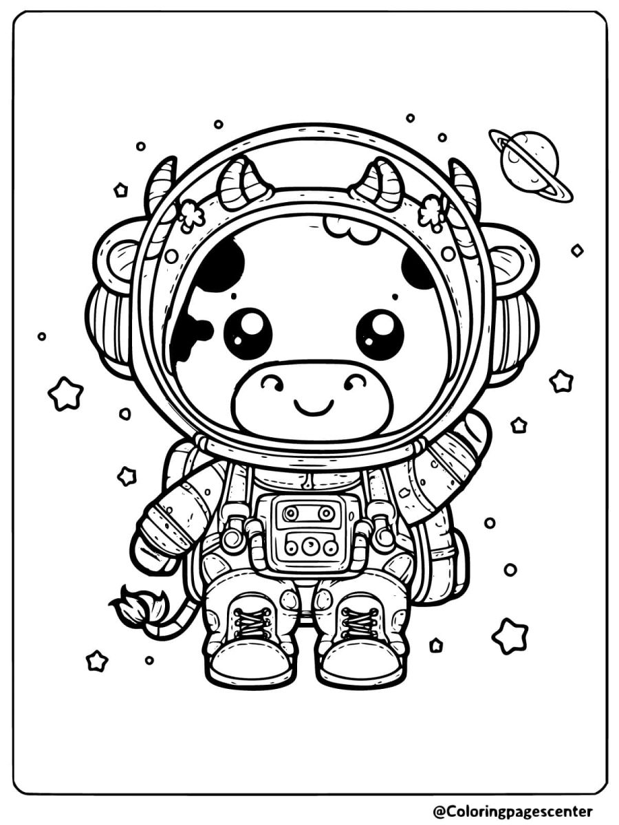 Coloring page of a cow dressed as an astronaut in space