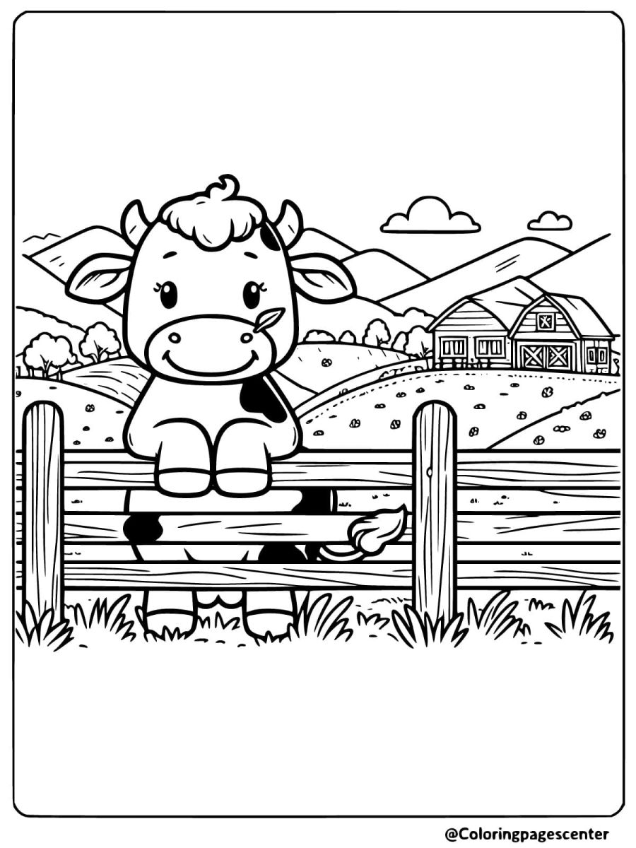 Coloring page of a cow standing behind a wooden fence