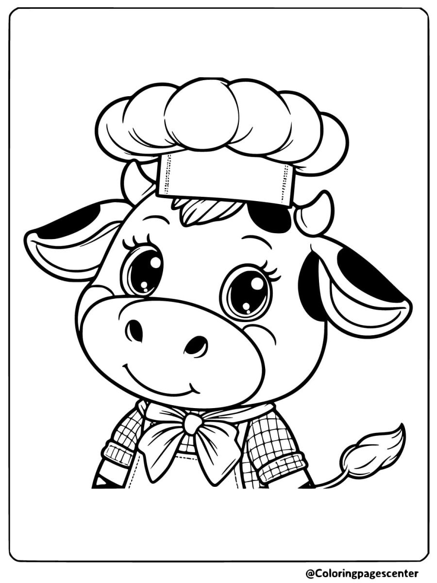 Coloring page of a cow dressed as a chef with a hat