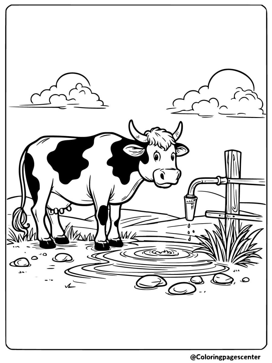 Coloring page of a cow drinking water from a tap