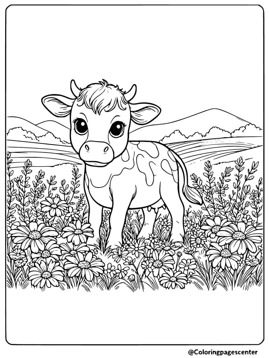 Coloring page of a cow standing in a field of flowers