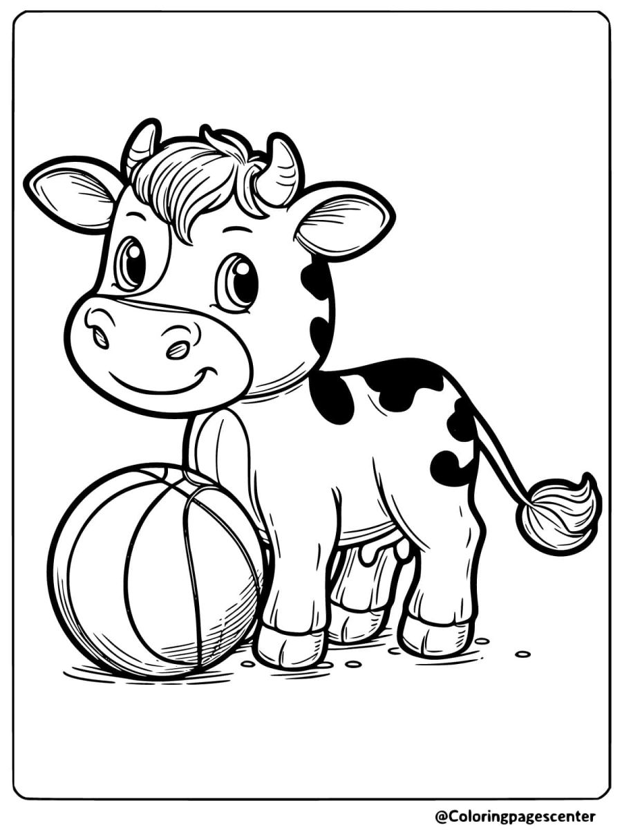 Coloring page of a cow playing with a ball