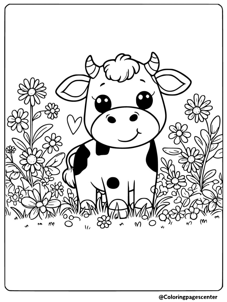 Coloring page of a cow standing among flowers