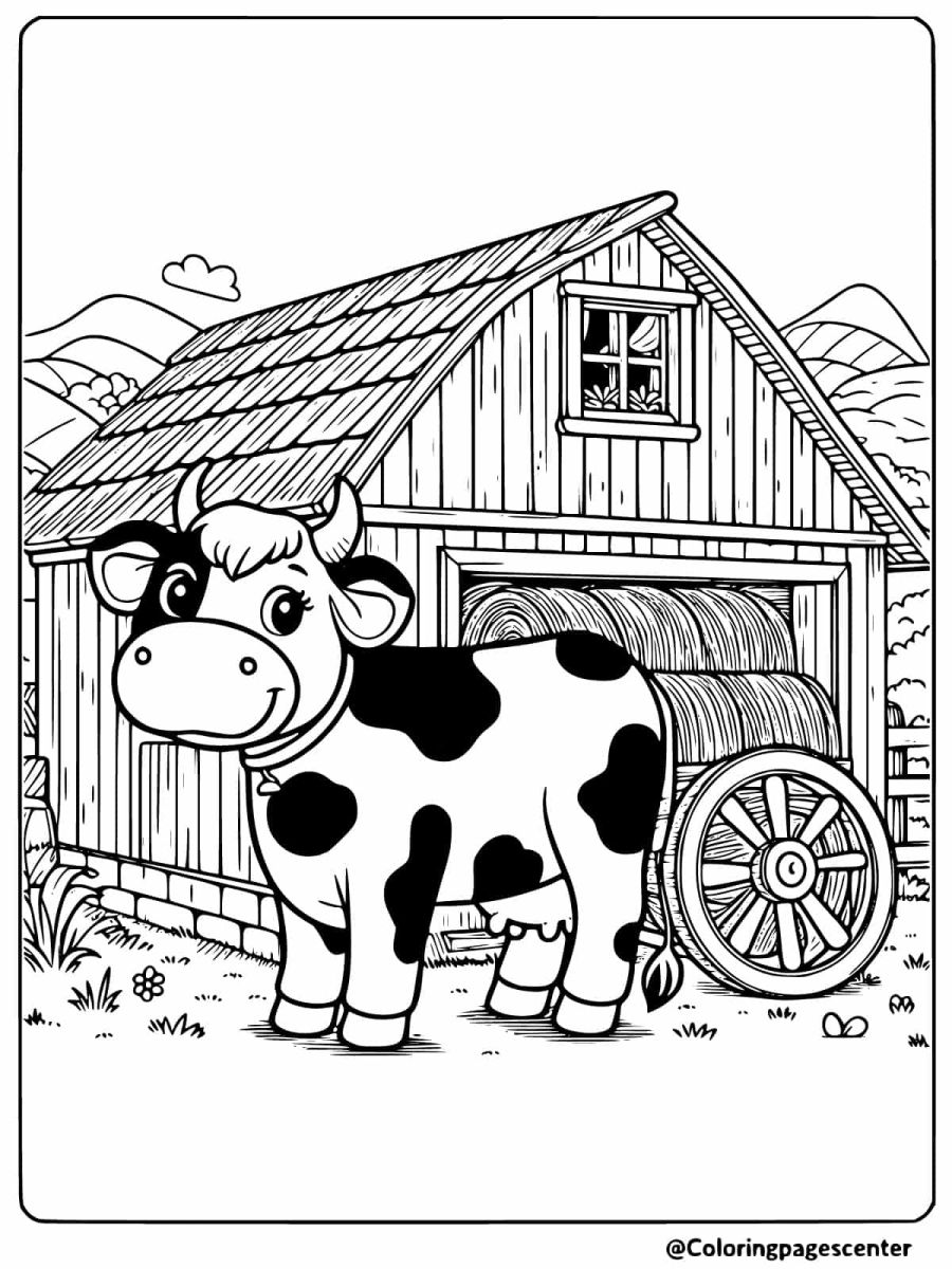 Coloring page of a cow standing beside a barn