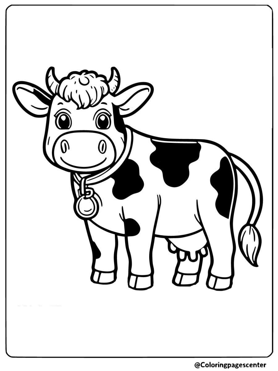 Coloring page of a cow with a bell around its neck